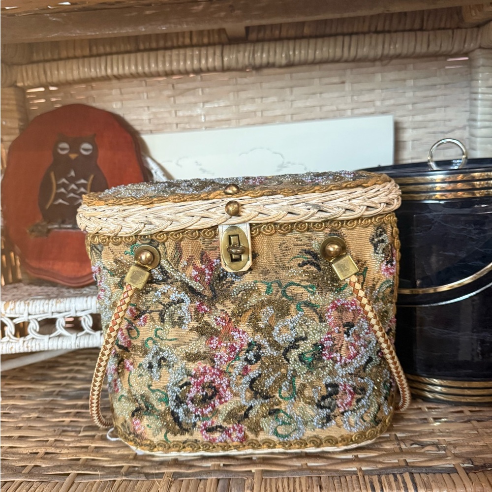 MIDAS OF MIAMI golden wicker handbag with gold beads